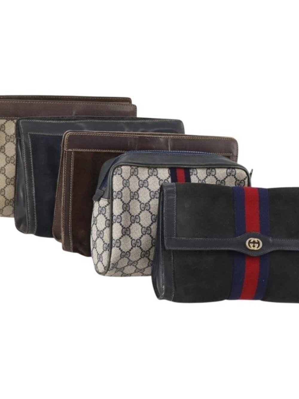 GUCCI GG Supreme Web Sherry Line Bag PVC Suede 5 Set Navy Beige Auth 174951